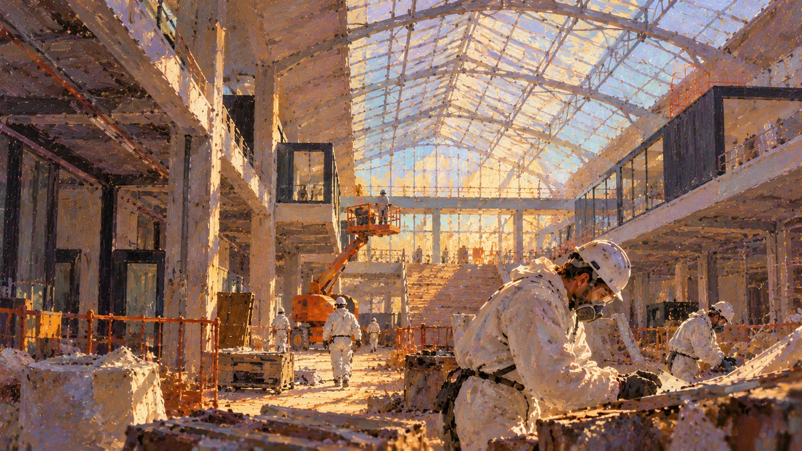 Peinture impressionniste : des ouvriers en combinaison blanche et masque de protection sur un chantier de travaux sous une grande verrière