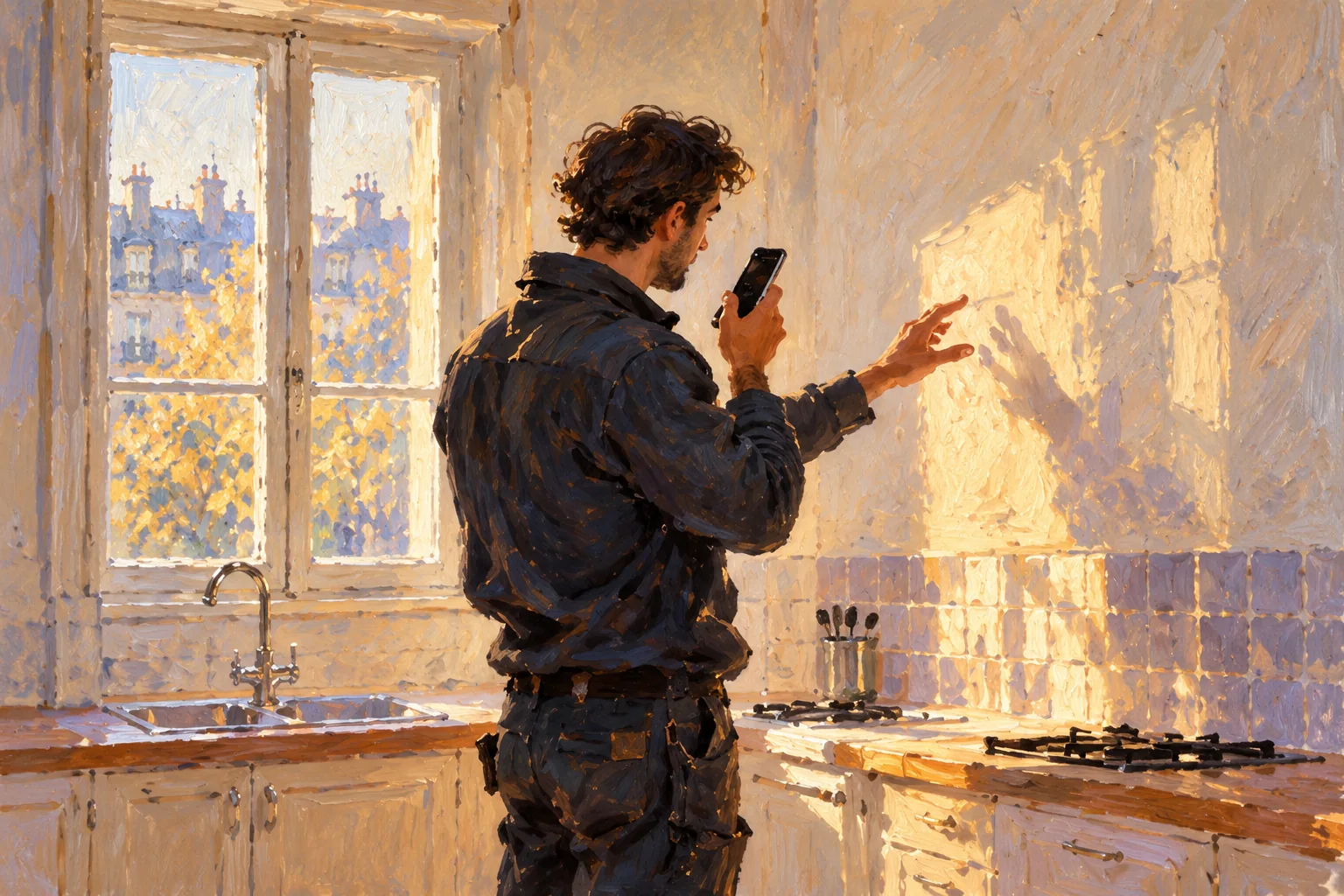 Peinture impressionniste : un diagnostiqueur dicte son relevé à son téléphone tenu près de la bouche et désigne le mur d'une cuisine ancienne baignée de soleil