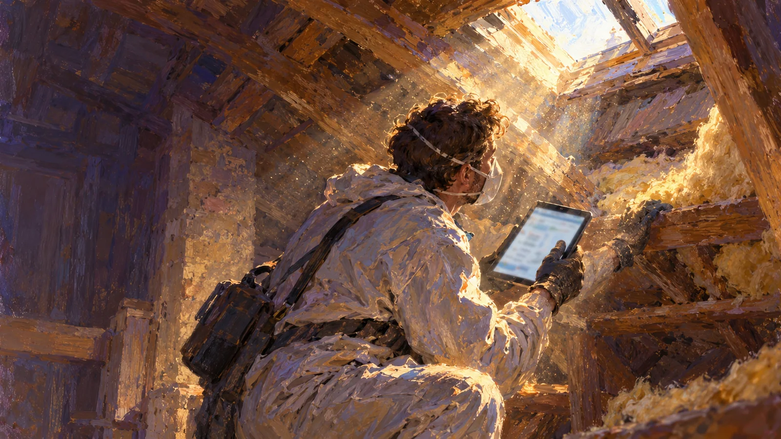 Peinture impressionniste : un diagnostiqueur en combinaison inspecte l'isolation d'un grenier pour un DPE, tablette en main, sous la lumière d'un vasistas