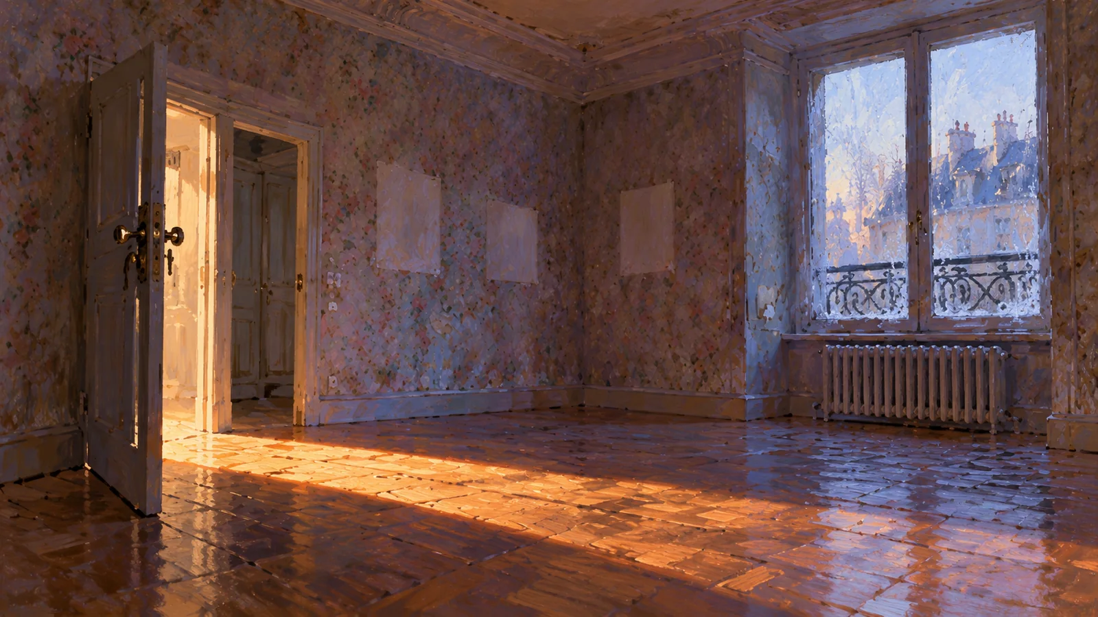 Peinture impressionniste : un appartement ancien vidé de ses occupants, papier peint fané marqué par des cadres décrochés, fenêtre givrée au-dessus d'un vieux radiateur