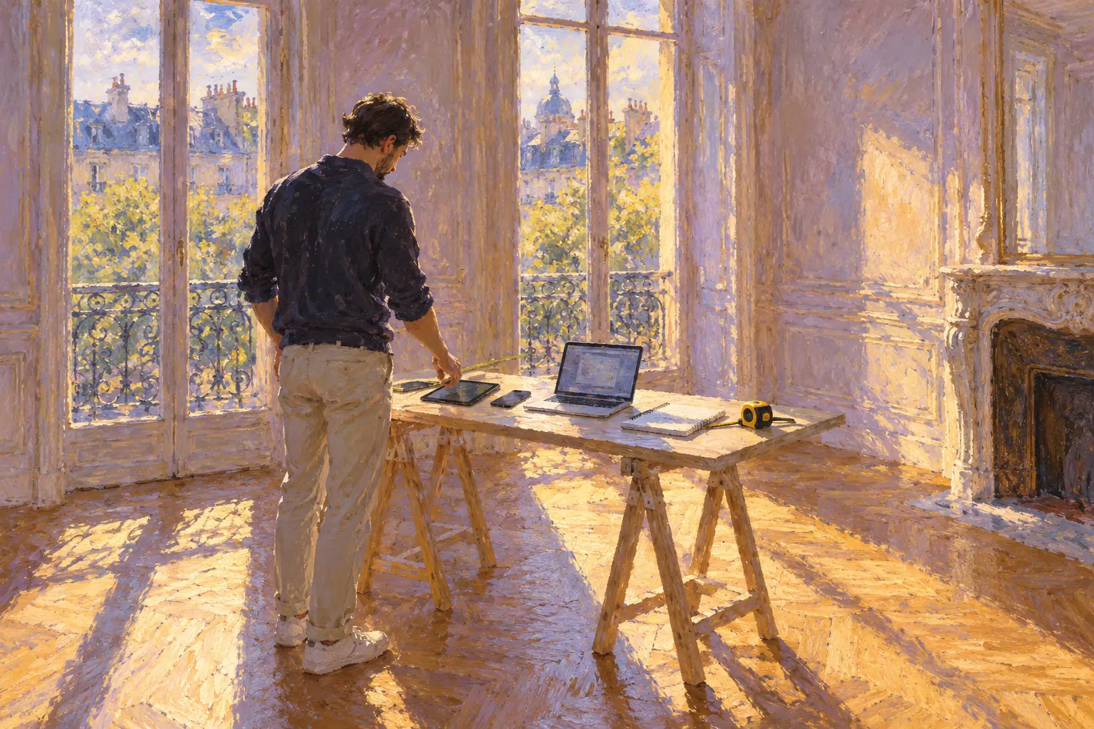 Peinture impressionniste : un diagnostiqueur choisit entre tablette, téléphone et ordinateur dans un appartement haussmannien baigné de soleil