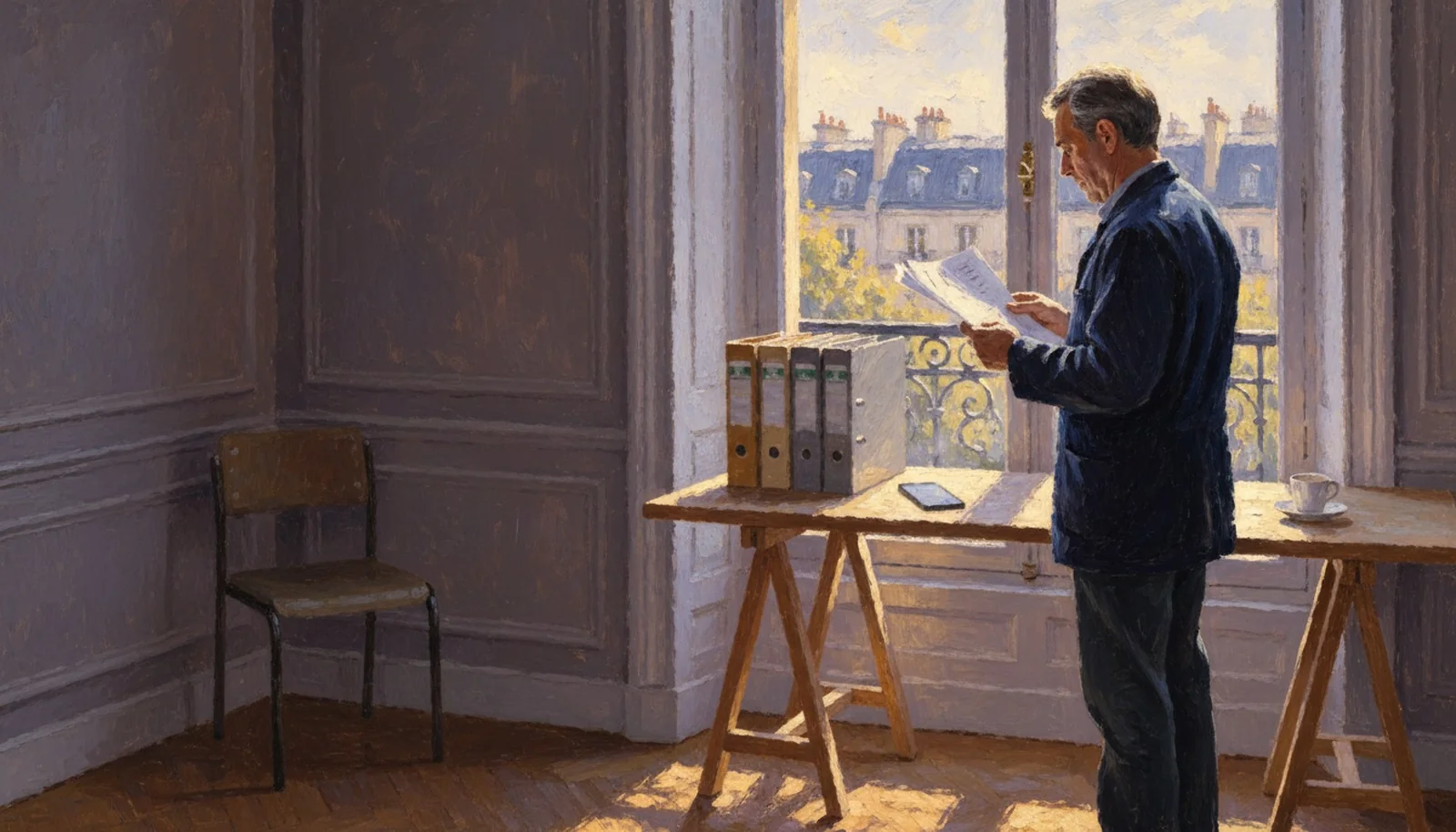 Peinture impressionniste : un diagnostiqueur lit un texte réglementaire imprimé près d'une fenêtre ouverte sur les toits de Paris, des classeurs posés sur une table