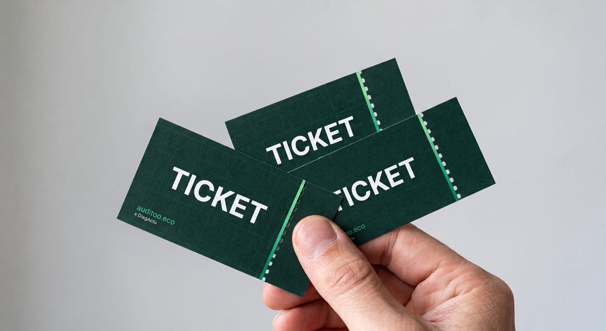 Une main tenant trois tickets Auditoo x DiagActu